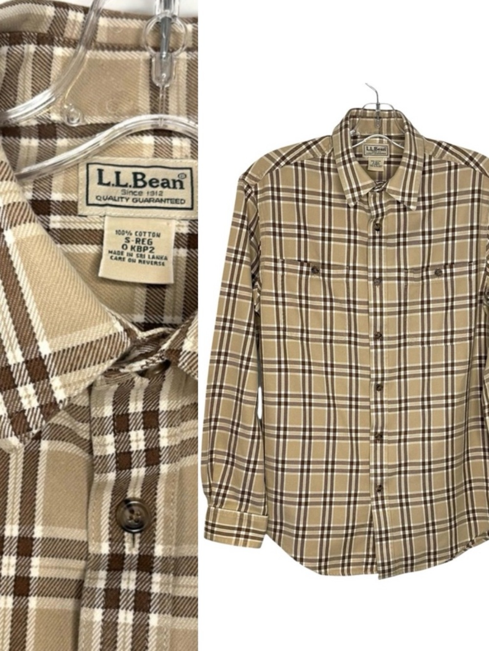 L.L. Bean rugged Tan and Brown plaid flannel Shirt Men’s Small